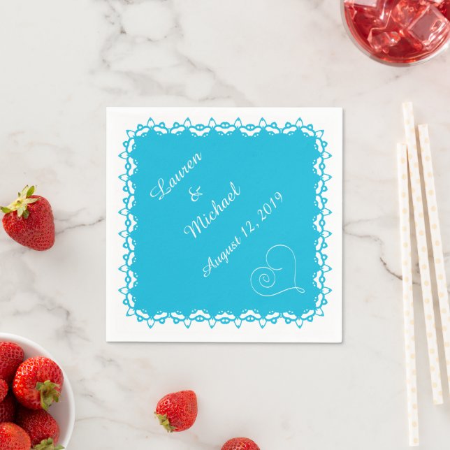 Turquoise Blue Doily Heart Personalized Napkin (Insitu)