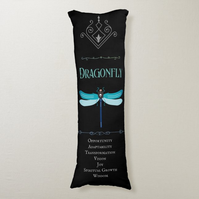 Turquoise Blue Dragonfly Spirit Animal Black Body Pillow (Front Vertical)