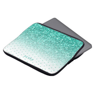Turquoise-blue faux glitter ombre and dots pattern laptop sleeve