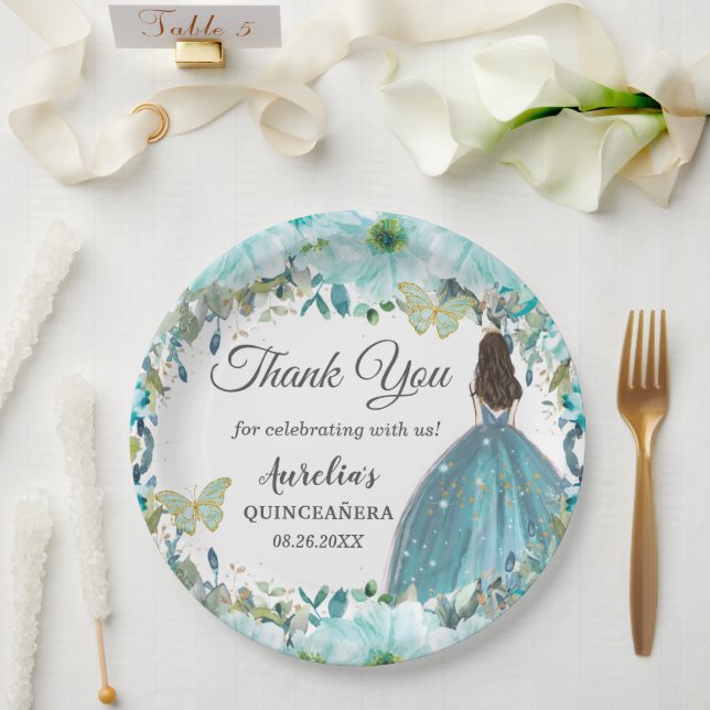 Turquoise Blue Floral Butterflies Gold Princess Paper Plate (Wedding)