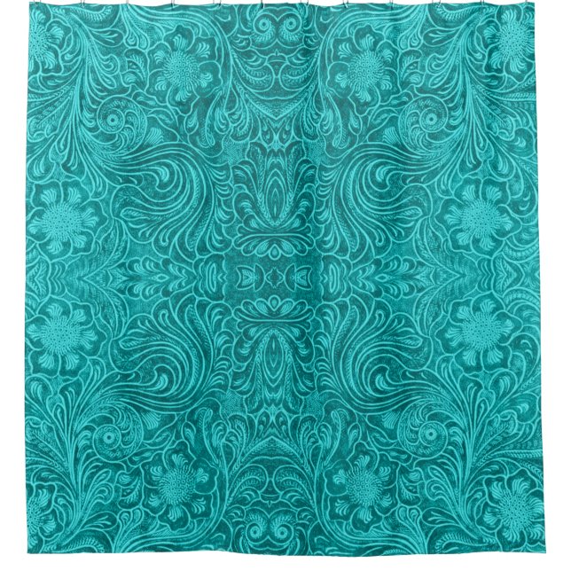 Turquoise Blue Floral Design Leather Texture Print (Front)