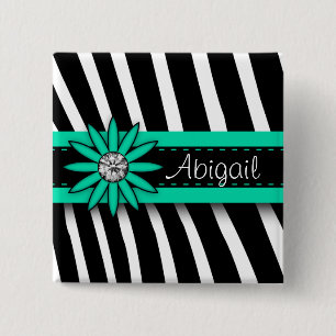 Turquoise Blue Floral Gem & Zebra Pattern 2 Inch Square Button