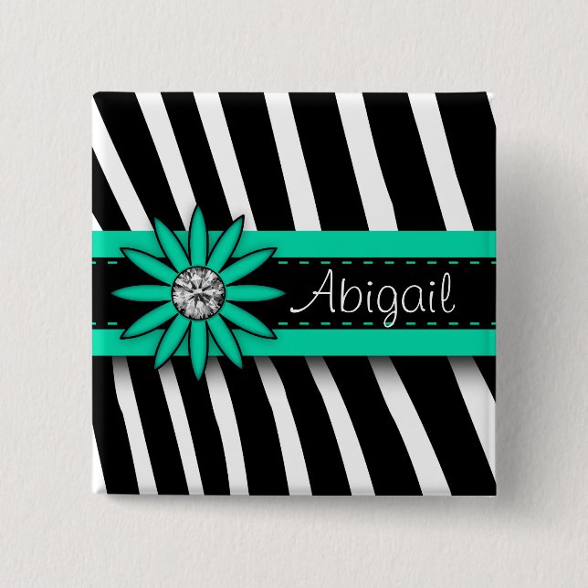 Turquoise Blue Floral Gem & Zebra Pattern 2 Inch Square Button (Front)