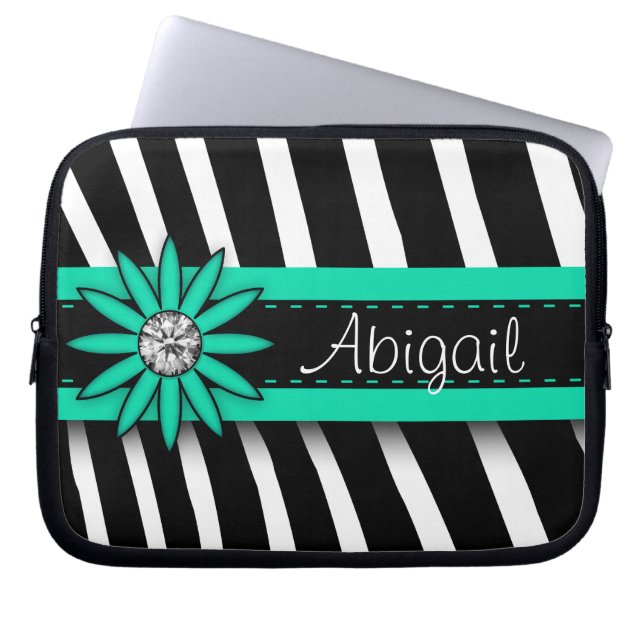 Turquoise Blue Floral Gem & Zebra Pattern Laptop Sleeve (Front)