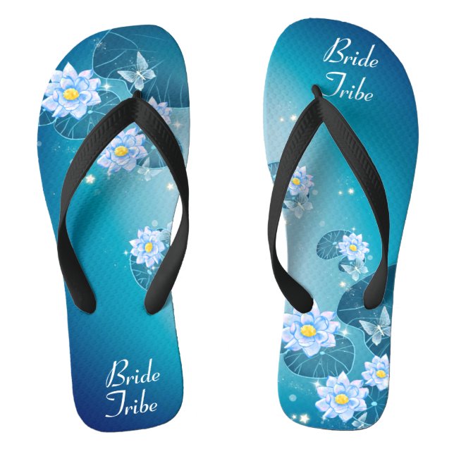 Turquoise Blue Floral Pattern Wedding Bride Tribe Flip Flops (Footbed)