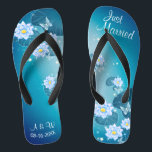 Turquoise Blue Floral Pattern Wedding Just Married Flip Flops<br><div class="desc">Featuring floral pattern on the turquoise blue background, and wedding words typography, these elegant flip flops are a pretty something blue idea for your wedding. They will add a stylish dose of glam to your wedding day, bachelorette party, or other celebration. ♥Customize it with your wording by using the template fields. ♥ If...</div>