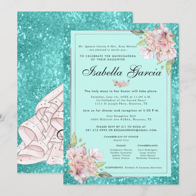 Turquoise Blue Floral Quinceañera Invitation Anniv (Devant / Derrière)