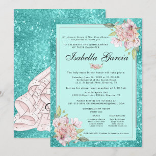 Turquoise Blue Floral Quinceañera Invitation Anniv