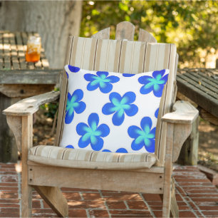 Turquoise Blue Flower Pattern Outdoor Pillow