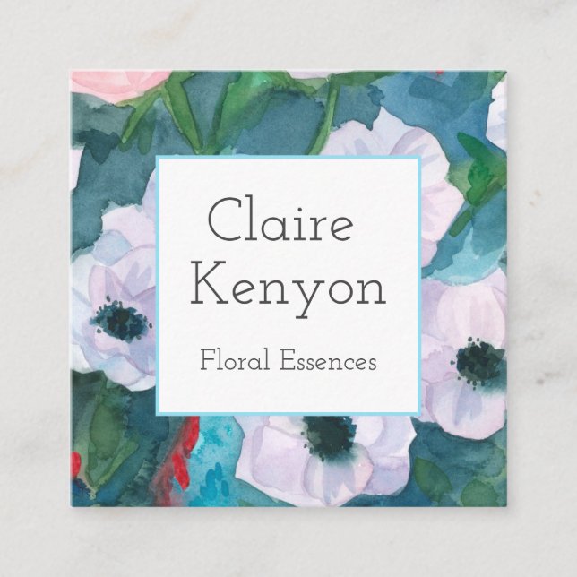 Turquoise Blue Flowers Watercolor Florist Square Business Card (Front)