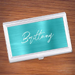 Turquoise Blue Foil Modern Brush Script First Name Business Card Holder<br><div class="desc">A first name business card case holder for her. The script is a lovely, brush stroke modern handwritten script that is a perfect gift for your friend. The very decorative brush stroke style will often need to be centred if your given name needs a different placement than this popular millennial...</div>