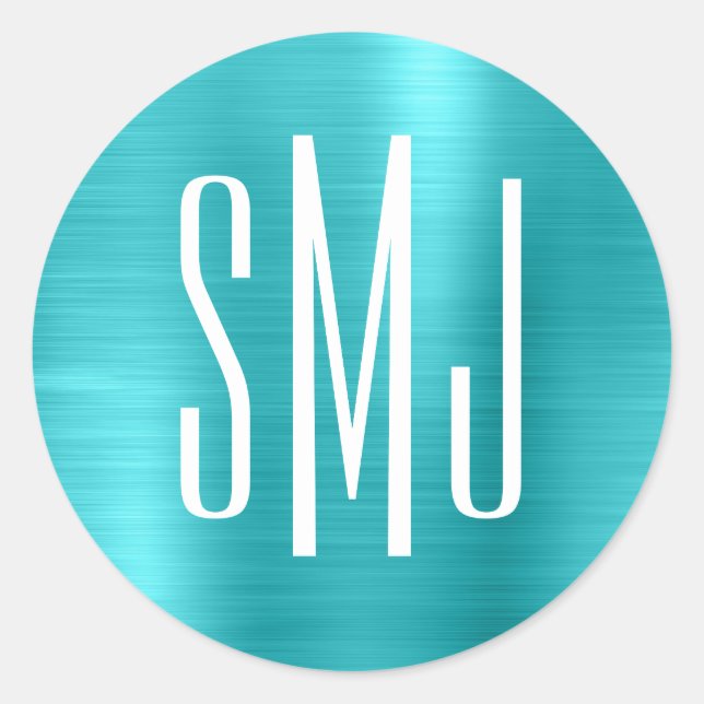 Turquoise Blue Foil Three Letter Monogram Classic Round Sticker (Front)