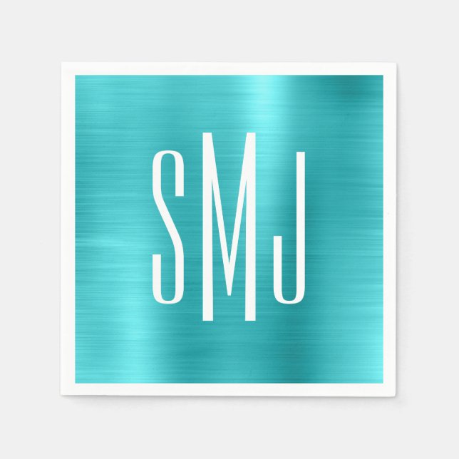 Turquoise Blue Foil Three Letter Monogram Napkin (Front)