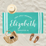 Turquoise Blue Girls Weekend Personalized Name Beach Towel<br><div class="desc">Personalized beach towel design for a girls' weekend vacation getaway features a custom first name in modern script writing framed by coastal stripes,  with custom text for the occasion. The teal / turquoise blue background colour can be modified. Please visit our shop for other colour options.</div>