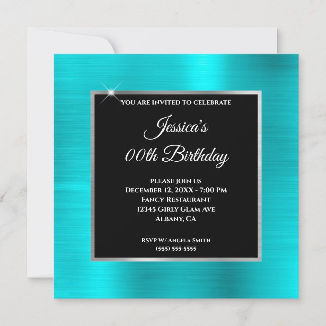 Turquoise Blue Glam Silver Black Frame Birthday Invitation (Front)