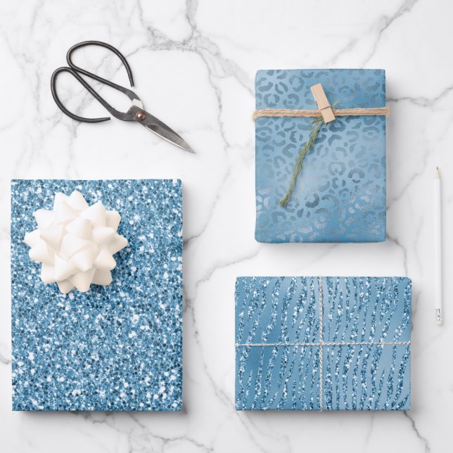 Turquoise Blue Glitter Animal Prints Wrapping Paper Sheet (Front)