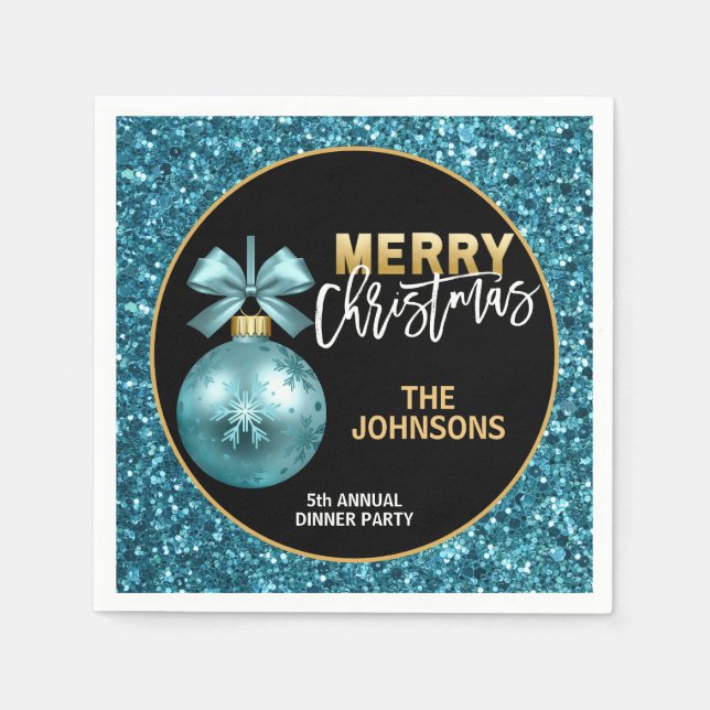 Turquoise Blue Glitter Annual Dinner Christmas Napkin (Front)