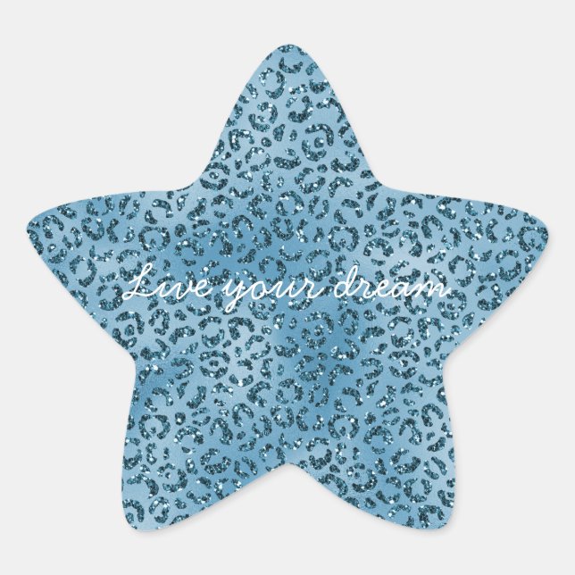 Turquoise Blue Glitter Leopard Print  Star Sticker (Front)