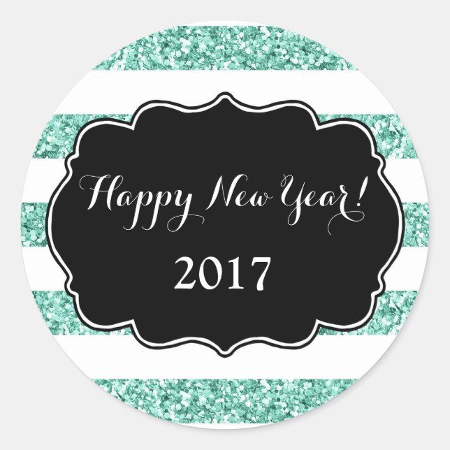 Turquoise Blue Glitter Stripes Happy New Year 2017 Classic Round Sticker (Front)