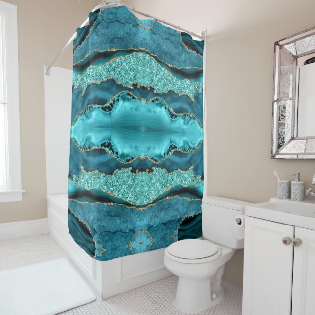 Turquoise Blue Gold Aqua Turquoise Douche rideau (En situation)