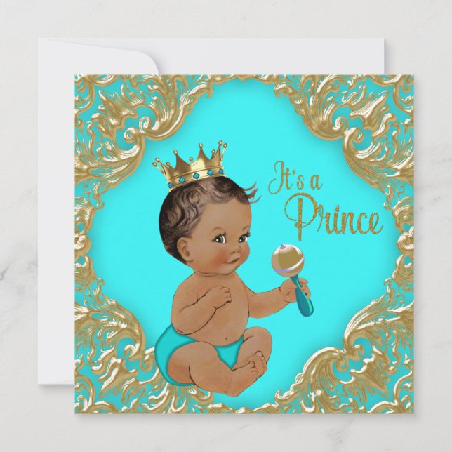Turquoise Blue Gold Ethnic Prince Baby Shower Invitation (Front)