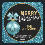 Turquoise Blue Gold Glitter Christmas Address Square Sticker<br><div class="desc">Custom modern Merry Christmas return address stickers in turquoise blue and gold and black colours.  Light blue ornament.   Personalize them by adding your name and address.  Perfect for greeting cards,  envelopes,  gifts... .</div>