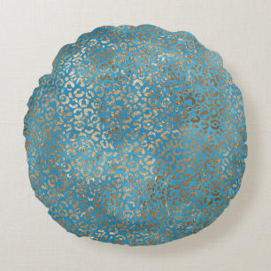 Turquoise Blue Gold Leopard print Round Pillow