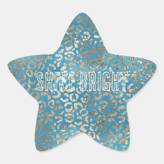 Turquoise Blue Gold Leopard print Star Sticker (Front)