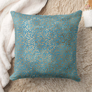 Turquoise Blue Gold Leopard print Throw Pillow