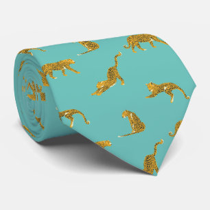 Turquoise Blue Gold Leopard Tie