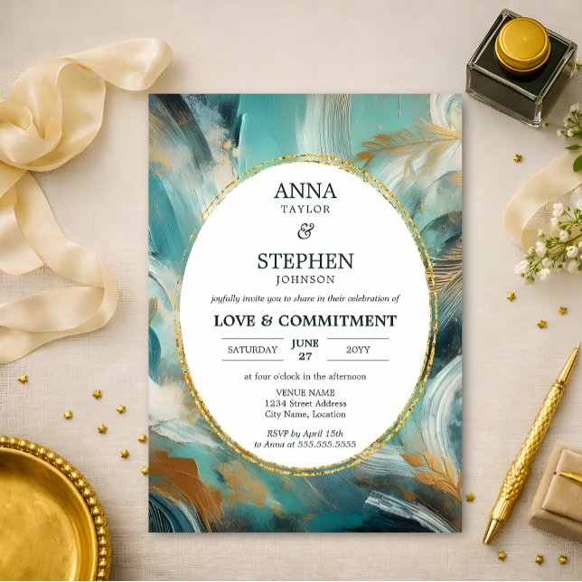 Turquoise Blue Gold Love & Commitment Ceremony Invitation (Creator Uploaded)
