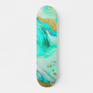 Turquoise Blue Gold Marble Geode Alcohol Ink Skateboard