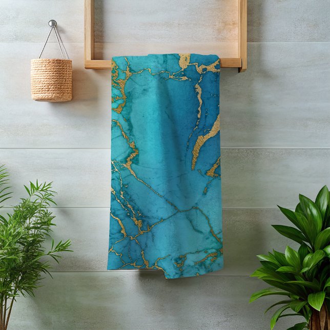 Turquoise Blue Gold Marble Stone Rock Metallic Bath Towel Set (Creator Uploaded)