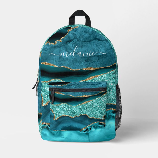 Turquoise Blue Gold Marble Turquoise Votre Nom Sac (Recto)