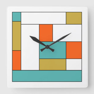 Turquoise Blue Gold Orange Colour Block Mid Mod Square Wall Clock