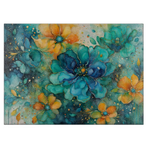 Turquoise Blue gold orange Floral *Personalize* Cutting Board