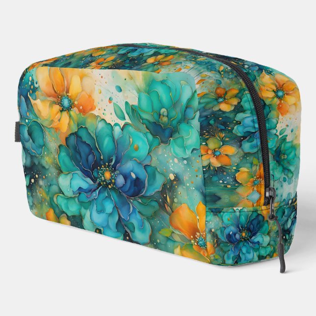 Turquoise Blue gold orange Floral *Personalize* Dopp Kit (Right Corner)