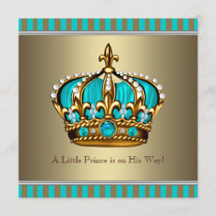 Turquoise Blue Gold Prince Baby Shower Invitation