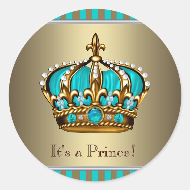 Turquoise Blue Gold Prince Baby Shower Stickers (Front)