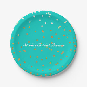 Turquoise Blue & Gold Shiny Confetti Dots Modern Paper Plate