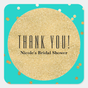 Turquoise Blue & Gold Shiny Confetti Dots Modern Square Sticker