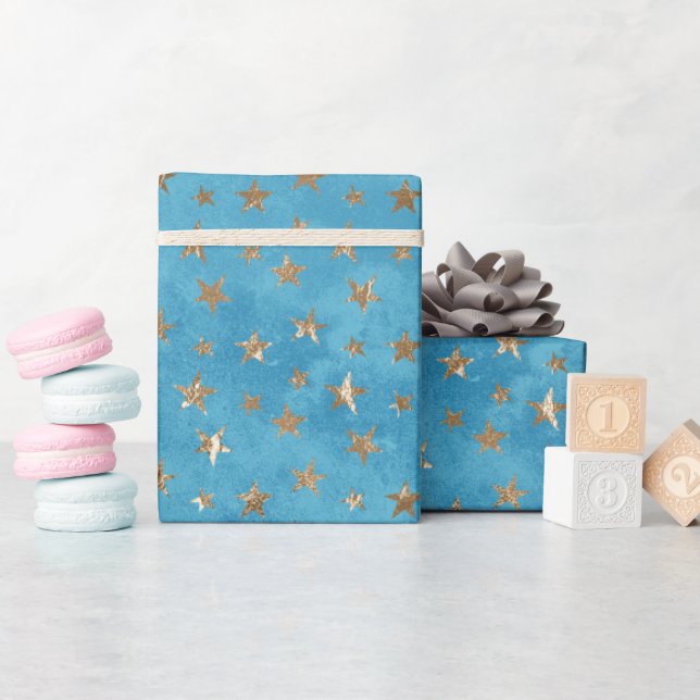 Turquoise Blue Gold Stars  Wrapping Paper (Baby Shower)