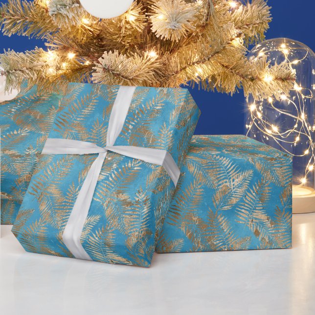 Turquoise Blue Gold Tropical Leaves Wrapping Paper (Holidays)