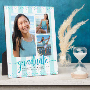 Turquoise Blue Graduation 3 Photo Glitter Script Plaque