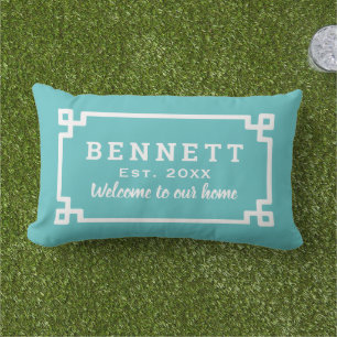 Turquoise Blue Greek Key Custom Monogram Welcome Lumbar Pillow