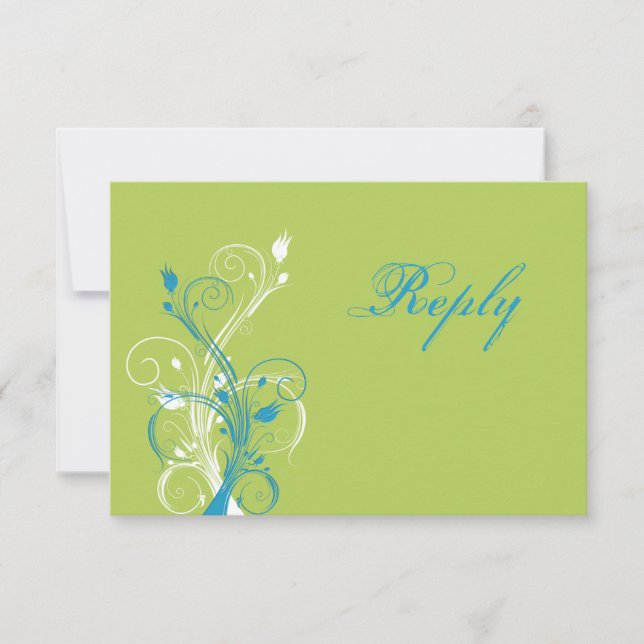 Turquoise Blue, Green, and White Floral Reply Card (Front)