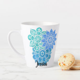 Turquoise Blue Green Colorful Floral Mandalas Latte Mug
