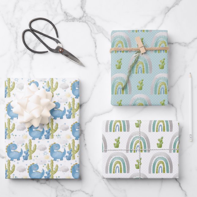 TURQUOISE BLUE GREEN DINOSAURS & RAINBOWS WRAPPING PAPER SHEET (Front)