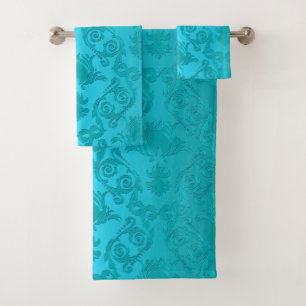 Turquoise Blue Green Floral Damask Towel Set