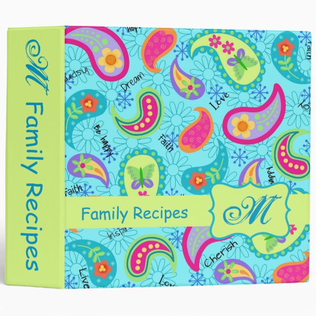 Turquoise Blue Green Modern Paisley Monogram Binder (Front/Spine)